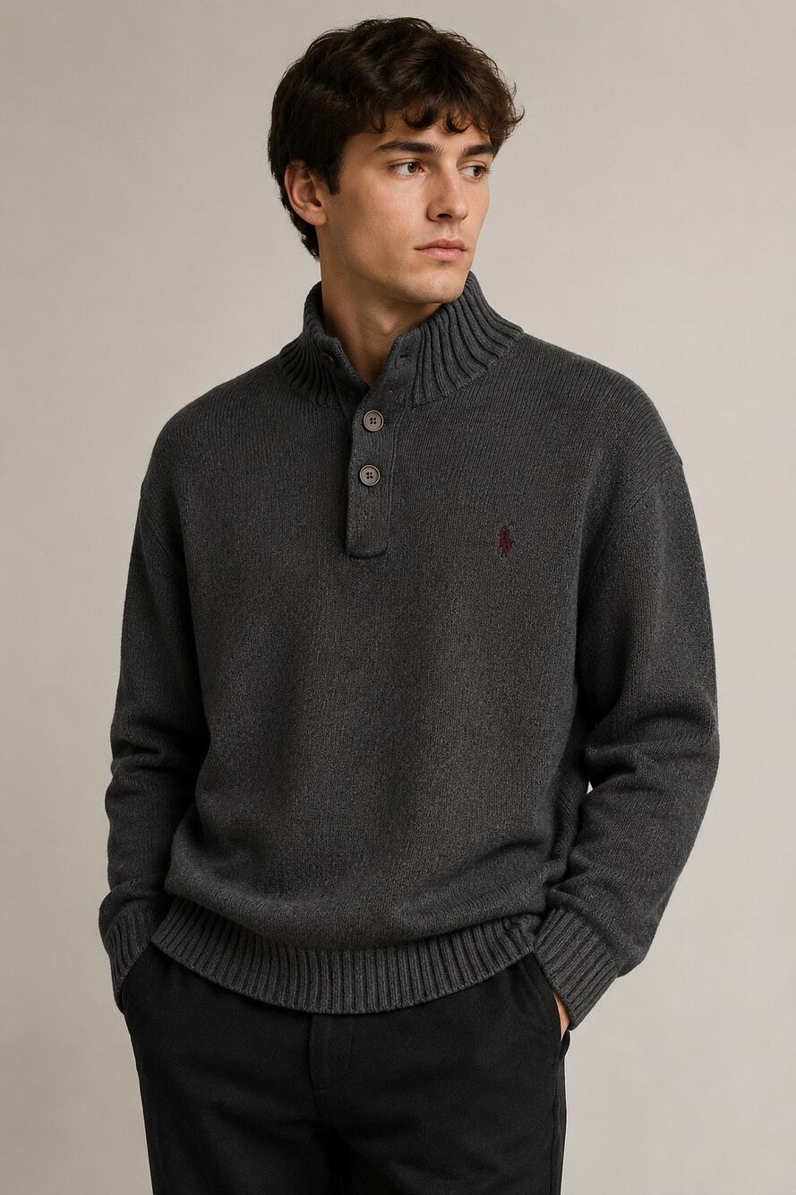 Polo Ralph Lauren Men’s XL Quarter Button Mock Neck Sweater Gray Cotton Pullover - Picture 1 of 9